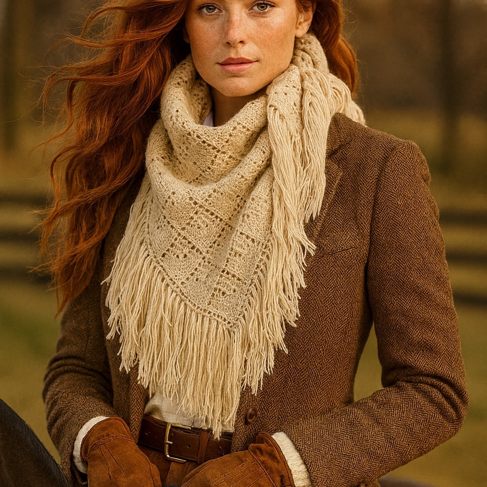 Handmade Crochet Wool Triangle Shawl Rustic Knit Scarf Boho Chic Romantic Celtic